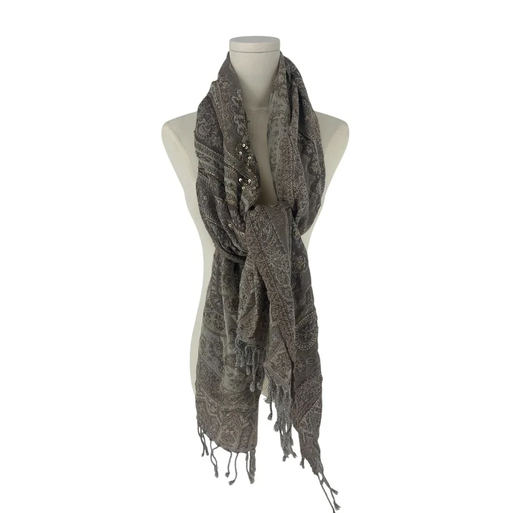 Gerard Darel Gabriella Paisley Wool Sequin Scarf Beige Taupe NWT